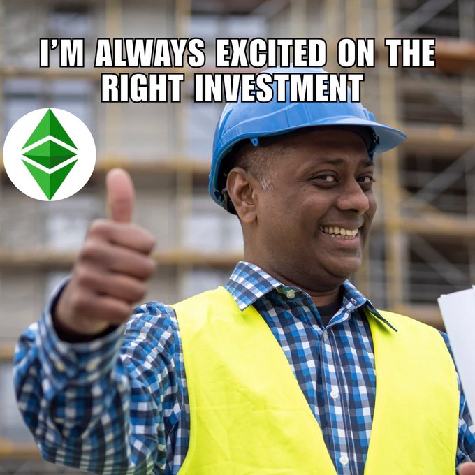 A meme showing a smiling construction worker in a yellow safety vest and blue hard hat giving a thumbs up, with text reading 'I'M ALWAYS EXCITED ON THE RIGHT INVESTMENT' and an Ethereum (ETH) logo.