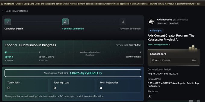 A Kaito Catalyst campaign dashboard for "Axis Robotics" showing the "Content Submission" step in progress for Epoch 1 (Aug 19 - Sep 18, 2026), with 0 clicks, sign-ups, and trajectories on track link s.kaito.ai/IYy6DIqO.