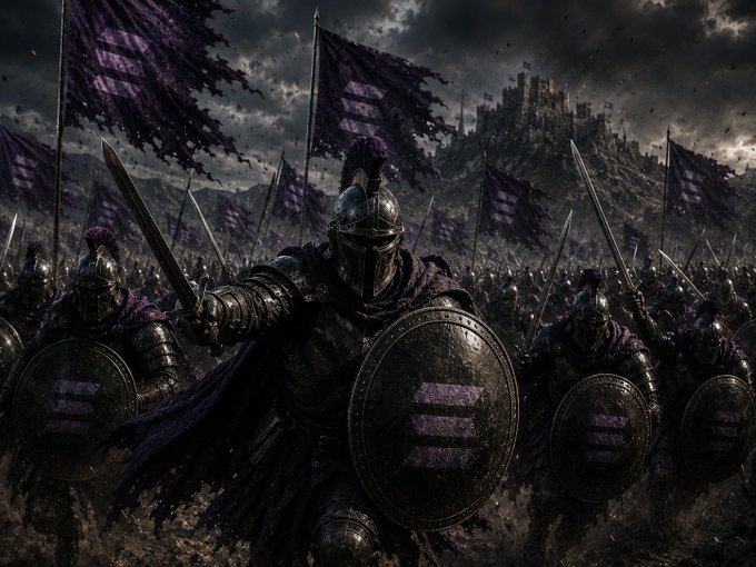 A dramatic dark fantasy illustration of an army of armored soldiers with purple banners bearing a symbol, swords and shields raised, marching toward a castle on a hill under a stormy sky.