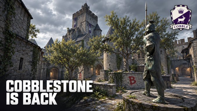 A medieval castle courtyard from Counter-Strike 2's Cobblestone map features prominently, with a bronze knight statue holding a sword and the iconic "B" bomb site marker visible in the scene. The promotional text "COBBLESTONE IS BACK" appears in bold white letters on the left, while a Cobble shield logo with a stag emblem sits in the top right corner, confirming the map's return.