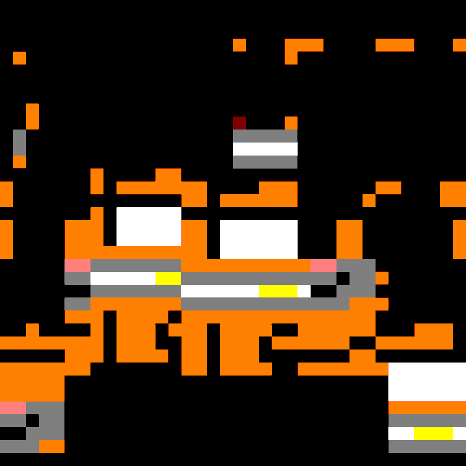 A highly pixelated, low-resolution graphic showing orange, white, gray, and yellow blocks on a black background, resembling retro video game sprites.