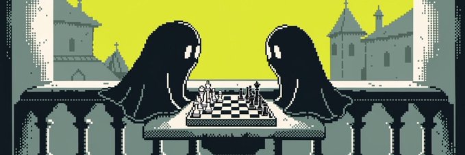 Pixel art showing two black-cloaked figures with white eyes playing chess at a stone table on a balcony, with castles and a yellow sky in the background.