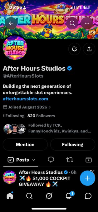 A Twitter/X profile page for 'After Hours Studios @AfterHoursSlots' describing 'Building the next generation of unforgettable slot experiences,' with a recent post about a '$1,000 COCKPIT GIVEAWAY.'