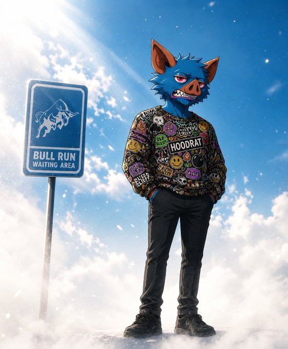 A stylized 3D character with a blue pig-like mask stands in the clouds wearing a hoodie covered in stickers, next to a 'BULL RUN WAITING AREA' sign with a bull icon.