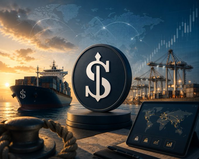 A digital artwork featuring a large coin with a stylized 'S' symbol in the center, set against a background showing a cargo ship, shipping cranes, a world map, and financial charts.