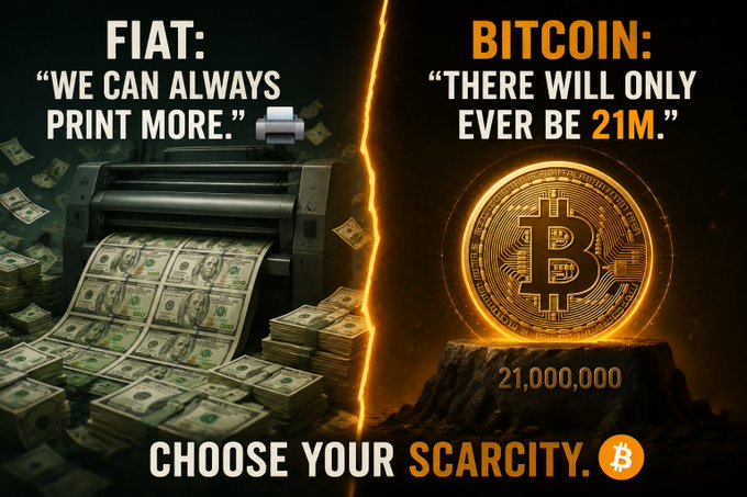 A graphic contrasting fiat currency ('FIAT: WE CAN ALWAYS PRINT MORE.') with Bitcoin ('BITCOIN: THERE WILL ONLY EVER BE 21M.'), urging viewers to 'CHOOSE YOUR SCARCITY' with a Bitcoin symbol.