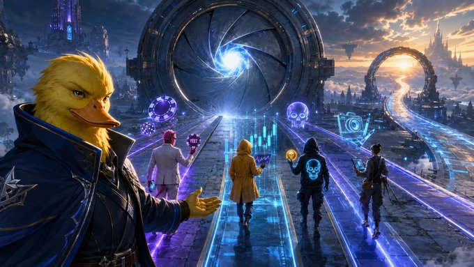Fantasy digital artwork showing an anthropomorphic duck character in a dark coat gesturing toward a glowing portal, with four human characters holding various symbols walking along a neon-lit path toward a distant city.