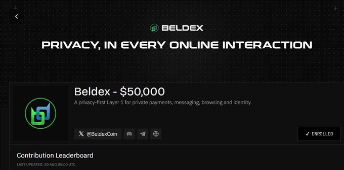 Screenshot of a Beldex airdrop page with the tagline 'PRIVACY, IN EVERY ONLINE INTERACTION', showing a $50,000 prize and an 'ENROLLED' status.