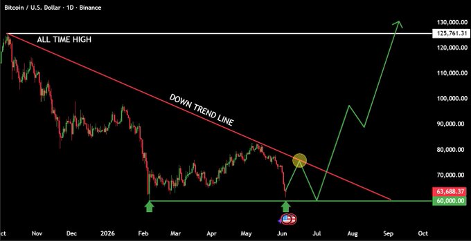 The image displays a chart for the cryptocurrency, specifically the Whale Watch cryptocurrency, with lines indicating various trends over time. The main focus of the chart is the price movement and its trajectory, which shows that the cryptocurrency's value is approaching the ultimate line in the sand. The cryptocurrency's price appears to be dropping towards the 60k major support base, potentially indicating a downward trend. To hold this floor or break the momentum would require a significant amount of time and patience, as indicated by the phrase "This is the most critical zone to". This highlights the importance of monitoring the structure in BTC closely and adjusting trading strategies accordingly based on the market conditions.