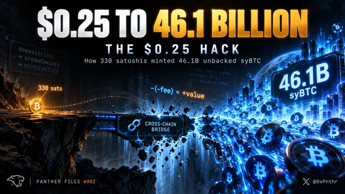 A Panther Files #002 graphic titled '$0.25 TO 46.1 BILLION: THE $0.25 HACK' explaining how 330 satoshis minted 46.1B unbacked syBTC via cross-chain bridge exploit.