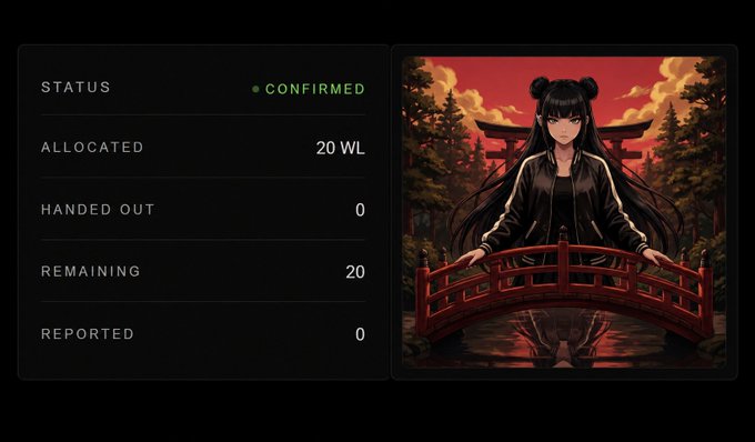 The image shows a giveaway status panel confirming "ALLOCATED: 20 WL" with 20 remaining entries and 0 handed out, paired with anime artwork of a dark-haired girl on a red bridge against a sunset backdrop, visually promoting the 20-spot Hazels NFT whitelist giveaway mentioned in the post.