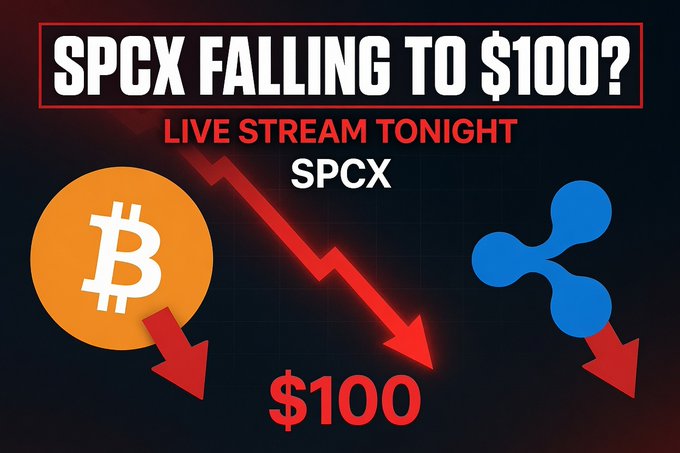 A promotional thumbnail reading 'SPCX FALLING TO $100? LIVE STREAM TONIGHT' featuring Bitcoin and Ripple (XRP) logos with downward red arrows.