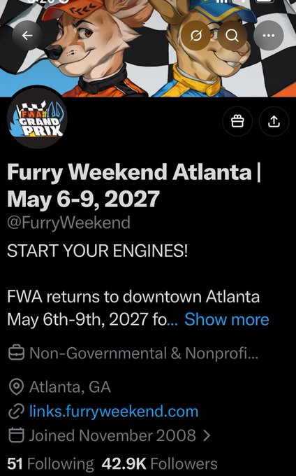 The image shows a Twitter/X profile for "Furry Weekend Atlanta | May 6-9, 2027" (@FurryWeekend), a non-governmental nonprofit organization based in Atlanta, GA with 42.9K followers. The profile header features cartoon anthropomorphic animal characters in racing attire with a checkered flag theme, and the tweet appears to be a humorous post about the user's crypto algorithm confusing the furry convention with crypto-related content.