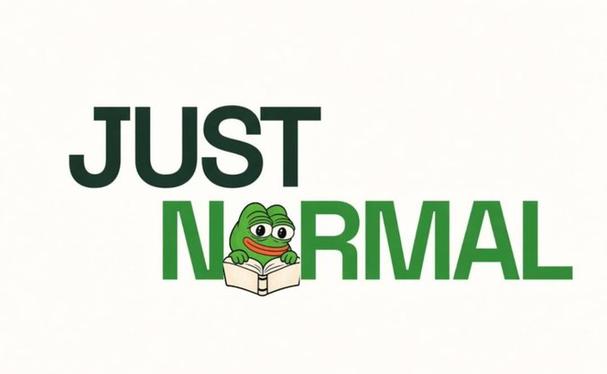 A logo featuring the text "JUST NORMAL" in dark and green letters, with a cartoon frog reading a book incorporated into the letter 'O'.