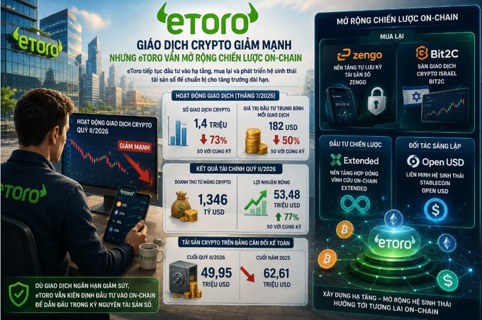 An infographic for 'eToro' about declining crypto trading, featuring statistics like 'SỐ GIAO DỊCH CRYPTO 1,4 TRIỆU' and 'GIÁ TRỊ ĐẦU TƯ 182 USD'.