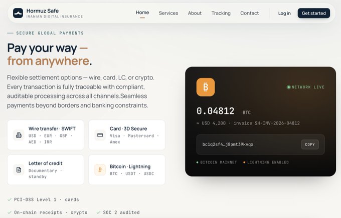 The image shows a website called hormuzsafe.ir that accepts Bitcoin payments for the new ship insurance system. The website has a white background with black text, making it easy to read and navigate. There are several payment options available on the site, including Bitcoin Lightning, which is one of the methods accepted. The post also mentions that Iran accepts Bitcoin Lightning payments for the new ship insurance system.