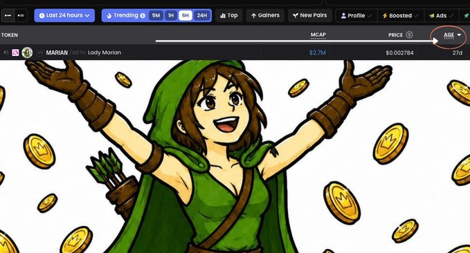 A screenshot from a meme token tracking website displays the "$MARIAN" (Lady Marian) token with a 27-day age, $2.7M market cap, and an illustration of a Robin Hood-style female character with arms raised among flying gold coins, visually reinforcing the post's claim of the token being an "OG" launched on Robinhood 27 days ago.