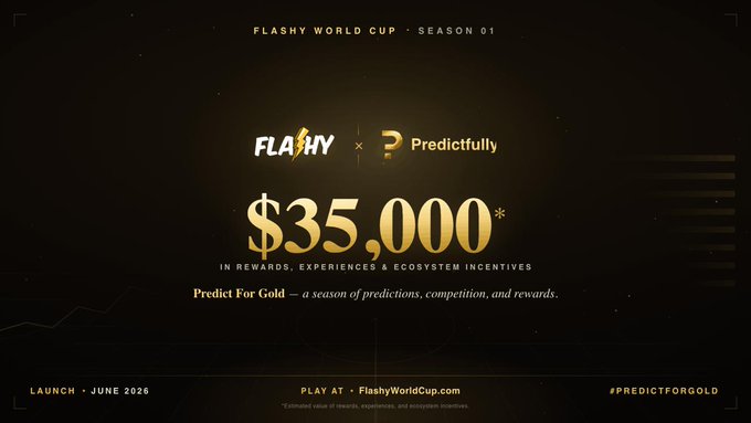 The image features a promotional poster for the Flashy World Cup, advertising the launch of a new feature called "Predict for free." The poster showcases two players from different teams against each other, displaying the hashtag "#Flashy". This feature allows users to predict the outcome of their favorite matches by providing relevant information about past games and player performances. The poster also includes an estimated monetary reward of $35,000 for participants who successfully utilize the feature on Twitter or any other platform.