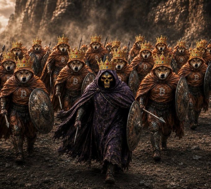 The image features a group of dogs wearing crowns, each crowned with a golden headdress that reads "dog is king of memecoins". The dogs are dressed in medieval-style armor and carrying swords, suggesting they might be part of an army or a reenactment event. The caption above the image reads: "$DOG IS THE KING OF MEMECOINS", which could be interpreted as a humorous statement about the dogs' perceived power or dominance over memecoins (digital currency).