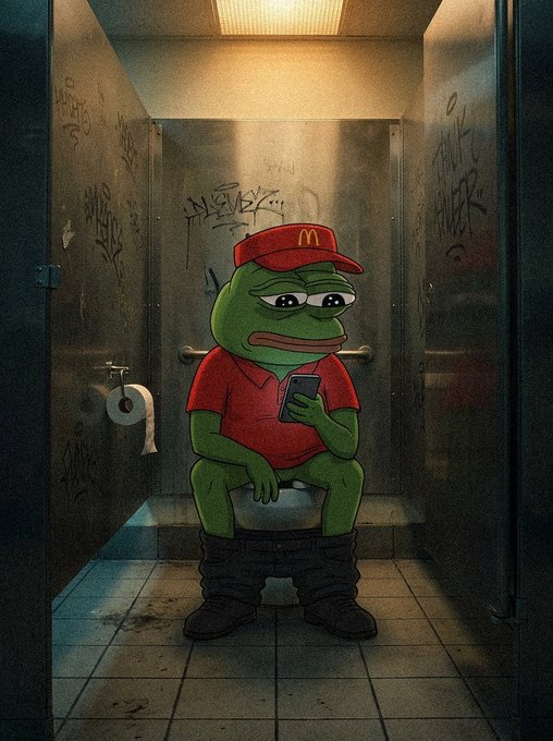 An illustration of a sad Pepe the Frog character wearing a red McDonald's uniform and cap sits on a toilet in a grimy, graffiti-covered bathroom stall while looking at a smartphone.