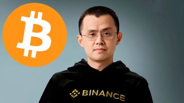 A portrait of cryptocurrency executive Changpeng Zhao wearing a black 'BINANCE' hoodie, positioned next to an orange Bitcoin logo.