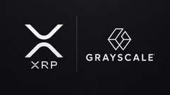 The image displays the XRP logo on the left alongside the Grayscale logo on the right, set against a black background. It visually reinforces the news that Grayscale, a major asset management firm, has officially categorized XRP under "Global Payments."