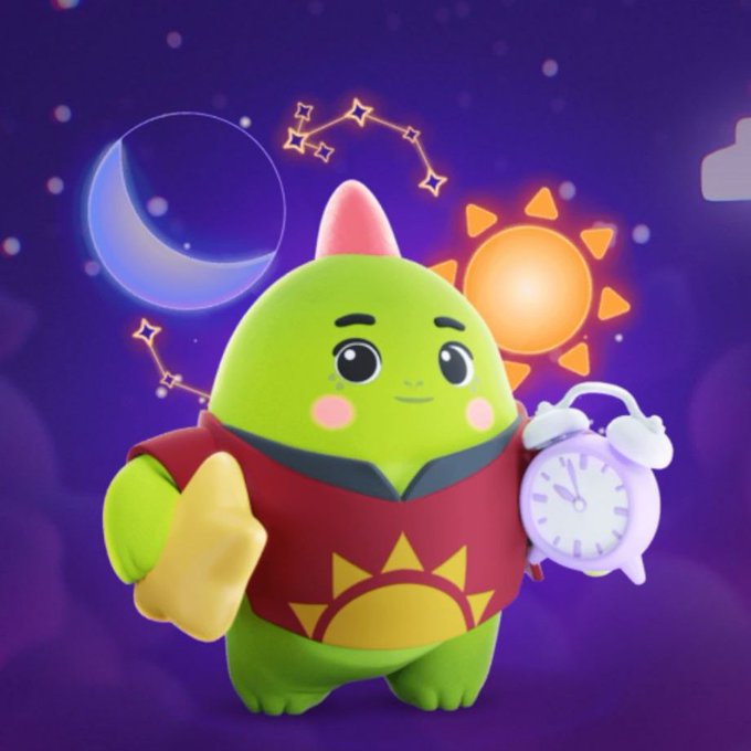 A 3D illustration of a cute green mascot character with a pink mohawk, wearing a red shirt with a sun design, giving a thumbs up and holding a small alarm clock against a purple night sky with a crescent moon, stars, and a sun.