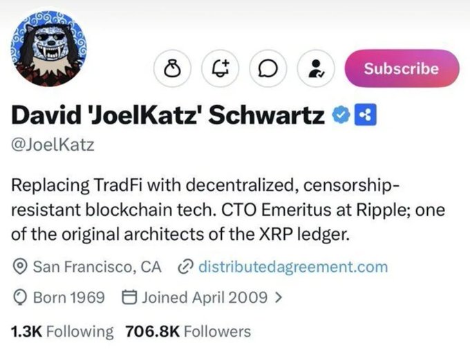 The image shows the Twitter profile of David 'JoelKatz' Schwartz (@JoelKatz), CTO Emeritus at Ripple and original architect of the XRP ledger, with 706.8K followers. The post humorously contrasts accusations of him being a "sellout" with the context of his crypto-focused profile description emphasizing decentralized, censorship-resistant blockchain technology.