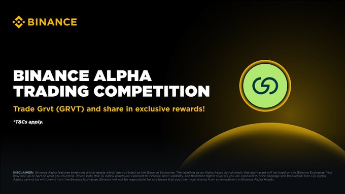 Binance promotional banner for the "Binance Alpha Trading Competition" featuring the GRVT (Grvt) token, displaying a green circular chain-link logo and inviting users to trade GRVT for exclusive rewards from a $200,000 prize pool.