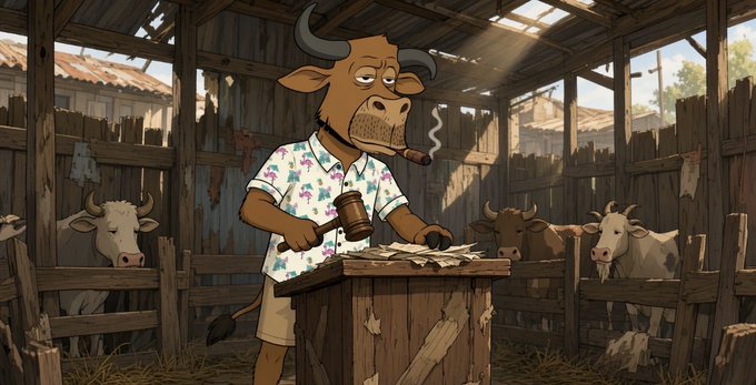A cartoon illustration of a tired-looking anthropomorphic bull smoking a cigar and holding a gavel over papers at a podium, acting as a judge in a barn full of cows.