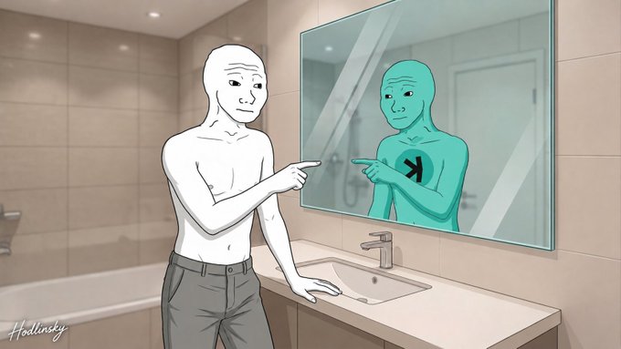 A meme image showing a white 'Wojak' character looking in a bathroom mirror and pointing at a cyan-colored reflection that has a 'K' logo on its chest.