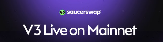 The image features a banner with purple text that reads "SaucerswapLabs V3 Live On Mainnet". The banner also includes an image of a green alien, which adds a unique touch to the overall design. The caption below the banner states "SauceSwapLabs V3 is running beautifully. The $SAUCE team has done a phenomenal job, turning @SaucerswapLabs into a next‑level CEX‑like experience, while staying true to its DEX roots."