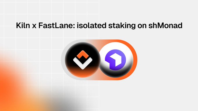A graphic titled 'Kiln x FastLane: isolated staking on shMonad' featuring two logo icons in orange and purple against a light gray grid background.