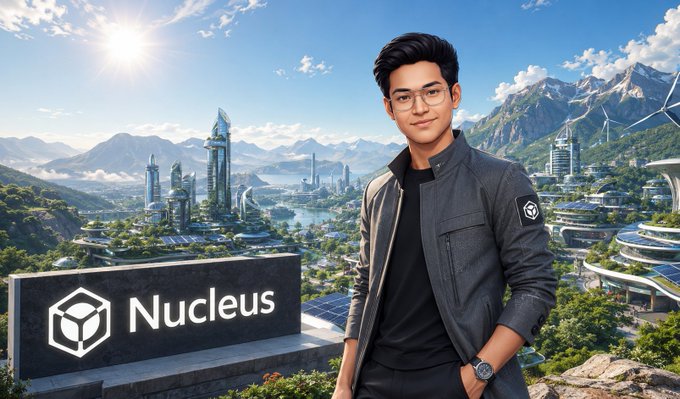 A young man wearing glasses and a gray jacket stands confidently in front of a futuristic eco-cityscape featuring wind turbines and modern architecture, with a "Nucleus" sign displayed prominently. The image visually reinforces the tweet's announcement of Nucleus launching a new Sleepagotchi contribution campaign and its ongoing CNPY Network wallet requirement for Canopy winners.