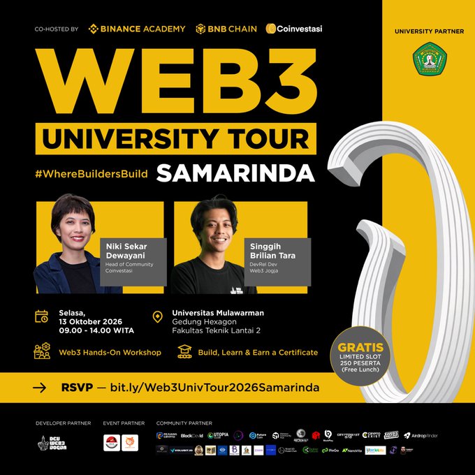 Promotional poster for Web3 University Tour Samarinda event co-hosted by Binance Academy, BNB Chain, and Coinvestasi, scheduled for 13 Oktober 2026 at Universitas Mulawarman.