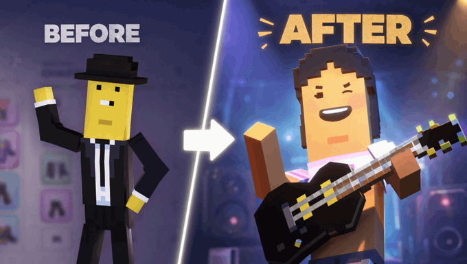 A "BEFORE / AFTER" comparison image shows a Minecraft-style character transforming from a yellow blocky figure in a black suit and hat into a cheerful character with brown hair playing an electric guitar on stage.
