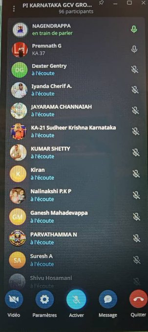 Screenshot of a video call interface titled 'P1 KARNATAKA GCV GRO...' showing 96 participants, including NAGENDRAPPA, Premnath G, Dexter Gentry, and Iyanda Cherif A., with French status indicators like 'en train de parler' and 'à l'écoute'.