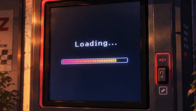 A close-up of an electronic kiosk screen displaying the word 'Loading...' above a progress bar that is mostly filled with yellow and orange segments. The device features a metallic frame illuminated by red lighting, with a 'KEY' button and an edit icon on the right panel.
