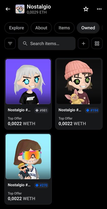 An NFT collection page titled 'Nostalgio' on a marketplace showing three character avatars with prices around 0,0029 ETH and items numbered #981, #194, and #270.
