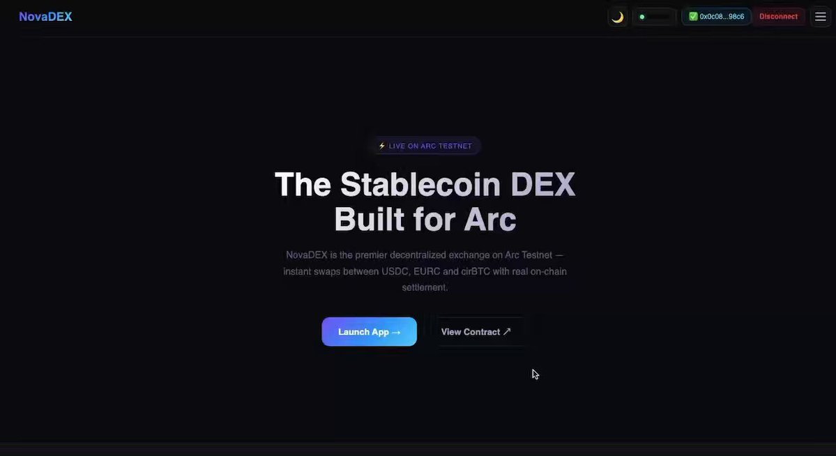 The main focus of this image is a screenshot from the webpage for "The Stablecoin DEX Built for Arc", an Arc coin developed by Novadex, with the user interface displaying several buttons. The website promotes a new update for the app, highlighting its features and encouraging users to provide feedback on how it could be improved or what new content they would like to see.