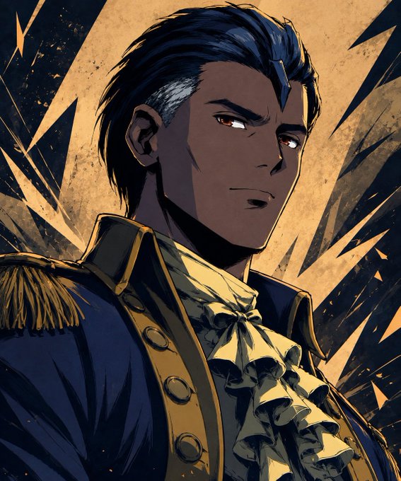 An anime-style illustration of a handsome man with dark hair featuring a white streak, red eyes, and an ornate blue and gold military-style uniform with ruffled cravat, set against an explosive gold and black background.