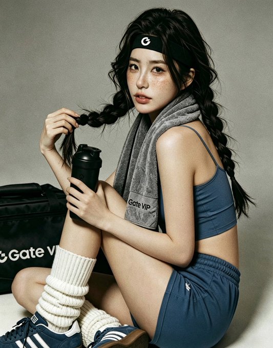 A young woman poses in athletic wear, holding a black shaker bottle and a "Gate VIP" towel, with a matching "Gate V" branded bag beside her and a headband featuring a "G" logo. The image aligns with the post's theme of showcasing fitness accessories received from Gate, presenting them in a stylish gym-ready look.