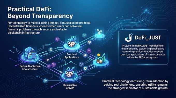 The image is an infographic titled "Practical DeFi: Beyond Transparency," highlighting "DeFi_JUST" as a project that supports lending and borrowing services through smart contracts within the TRON ecosystem, alongside visuals labeled "Secure Blockchain Infrastructure," "Practical Applications," and "Sustainable Growth." It visually reinforces the post's message that successful decentralized finance requires not just transparency, but also practical utility, real problem-solving, and long-term sustainability through secure blockchain infrastructure.