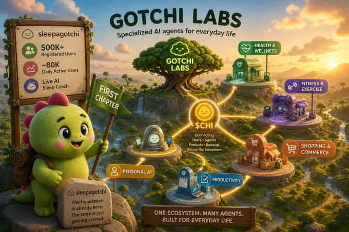 A promotional infographic for "GOTCHI LABS" with the tagline "Specialized AI agents for everyday life," featuring a cute green dinosaur character holding a "FIRST CHAPTER" flag, showing stats like "500K+ Registered Users" and "~80K Daily Active Users" for sleepagotchi, alongside interconnected ecosystem nodes including Health & Wellness, Fitness & Exercise, Shopping & Commerce, Productivity, and SCHL.
