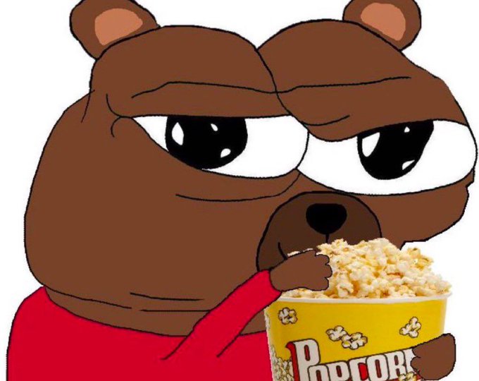 A cartoon meme image showing two brown bear heads merged together with skeptical eyes, holding a yellow tub labeled "Popcorn".