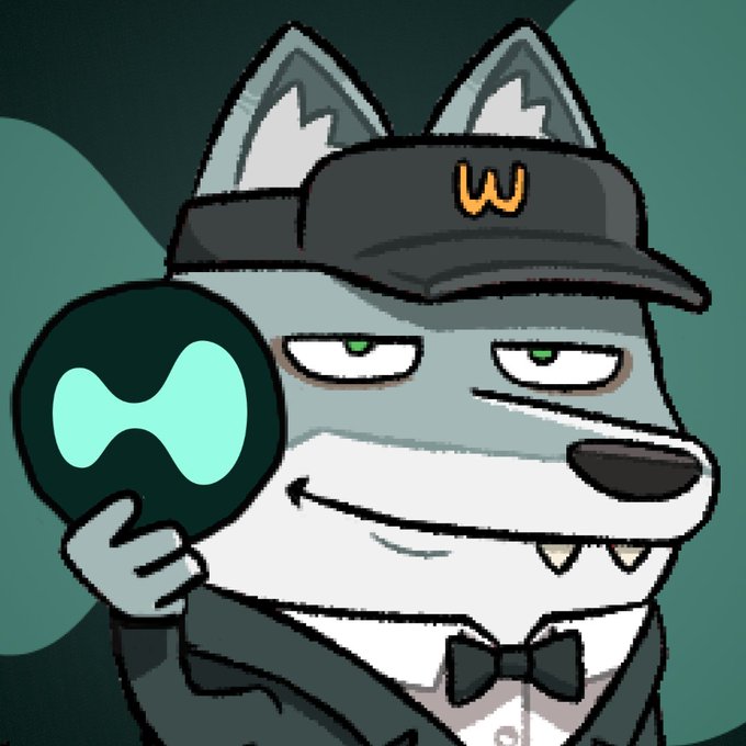 A cartoon grey wolf character wearing a black cap with a 'W' logo and a bowtie, holding up an infinity symbol.