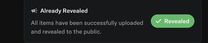 A confirmation notification reading "Already Revealed: All items have been successfully uploaded and revealed to the public," with a green "Revealed" button, indicating the successful public release of the DarkHoods NFT collection.