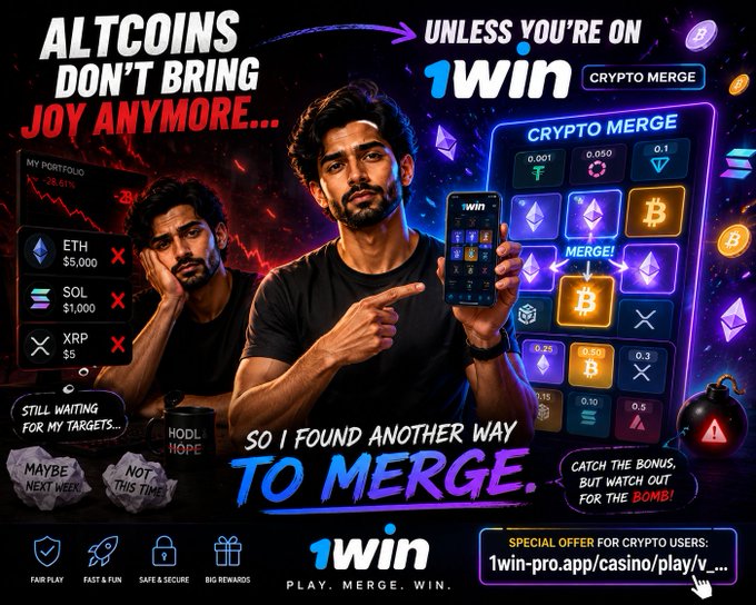 A promotional ad for 1win's "Crypto Merge" game, featuring a man pointing at his phone showing the app, alongside text criticizing altcoins (ETH at $5,000, SOL at $1,000, XRP at $5) and promoting the game as an alternative, with a special offer link "1win-pro.app/casino/play/v_..." displayed at the bottom.