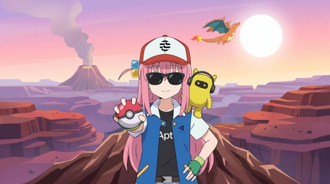 In this image, a girl wearing a hat stands on top of a mountain holding a Pokemon character and two Pokemon balls with her. The text surrounding the illustration reads "A Charizard was just won, but new cards are coming to @DecibelTrade tomorrow... Week 7/8 of Decibel's Card Vault Campaign: 49+graded slabs worth $30K. 3-11 cards up for grabs every week. All onchain. All powered by @Aptos". The girl is wearing a hat with a dragon and sunglasses, adding a unique and cool vibe to the image.