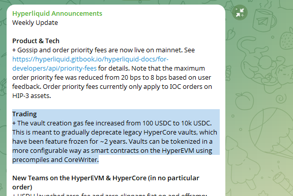 The image shows a screenshot of a website that appears to be discussing Hyper Liquid's trading system, possibly related to HyperCore vaults. The text on the screen reads "The team said several times they want to discontinue Hyper core vaults." This message seems to convey information about the Hyper Liquid trading system and how it operates in relation to Hyper Core vaults. It is important for users to be aware of these changes, as they may affect their ability to access or use these Vault features.